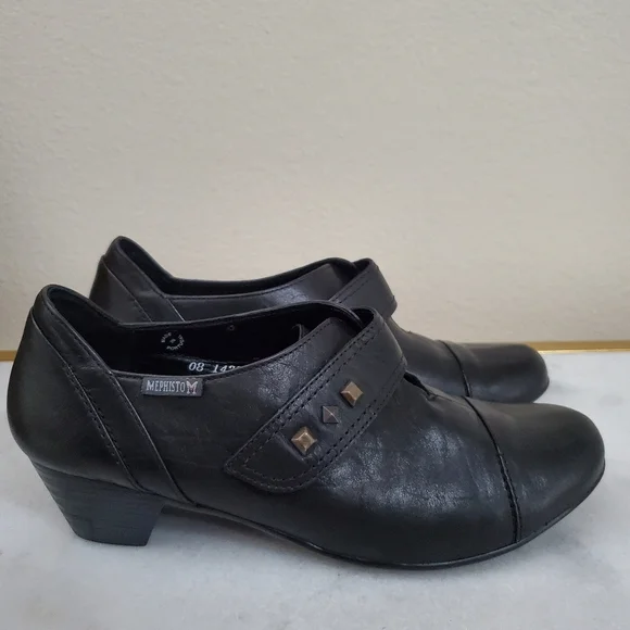 Mephisto Black Leather Round Toe Chunky Heel Velcro Strap Women's Shoe 5 1/2 8 - Picture 5 of 15
